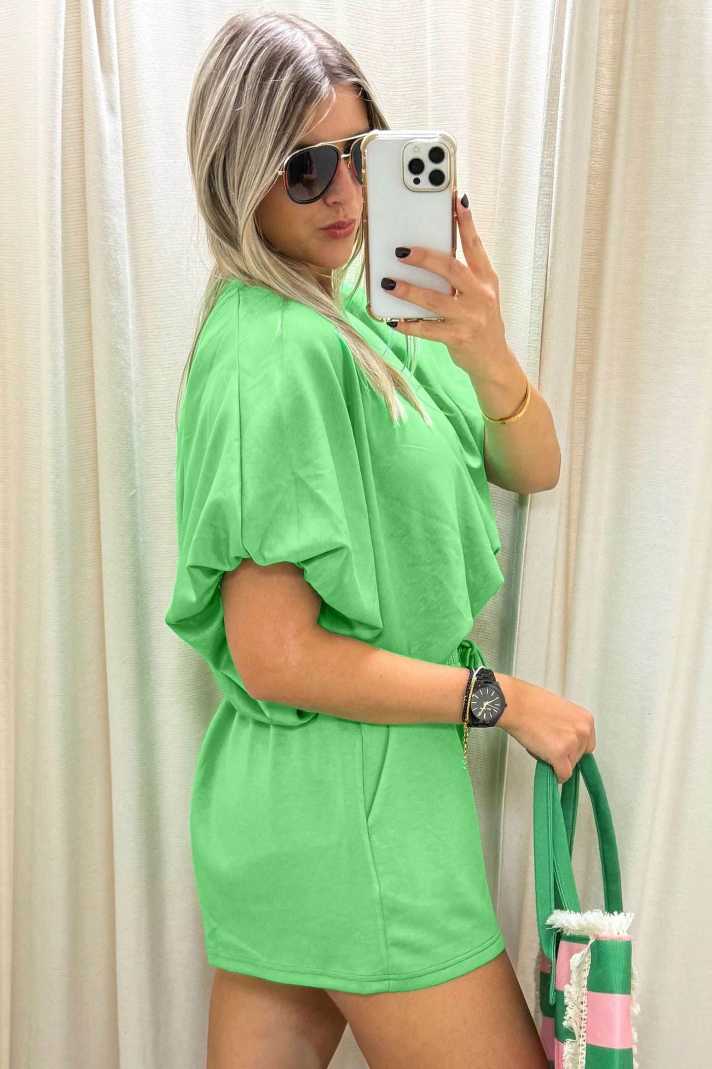 Green Puffy Loose Top and Shorts Set