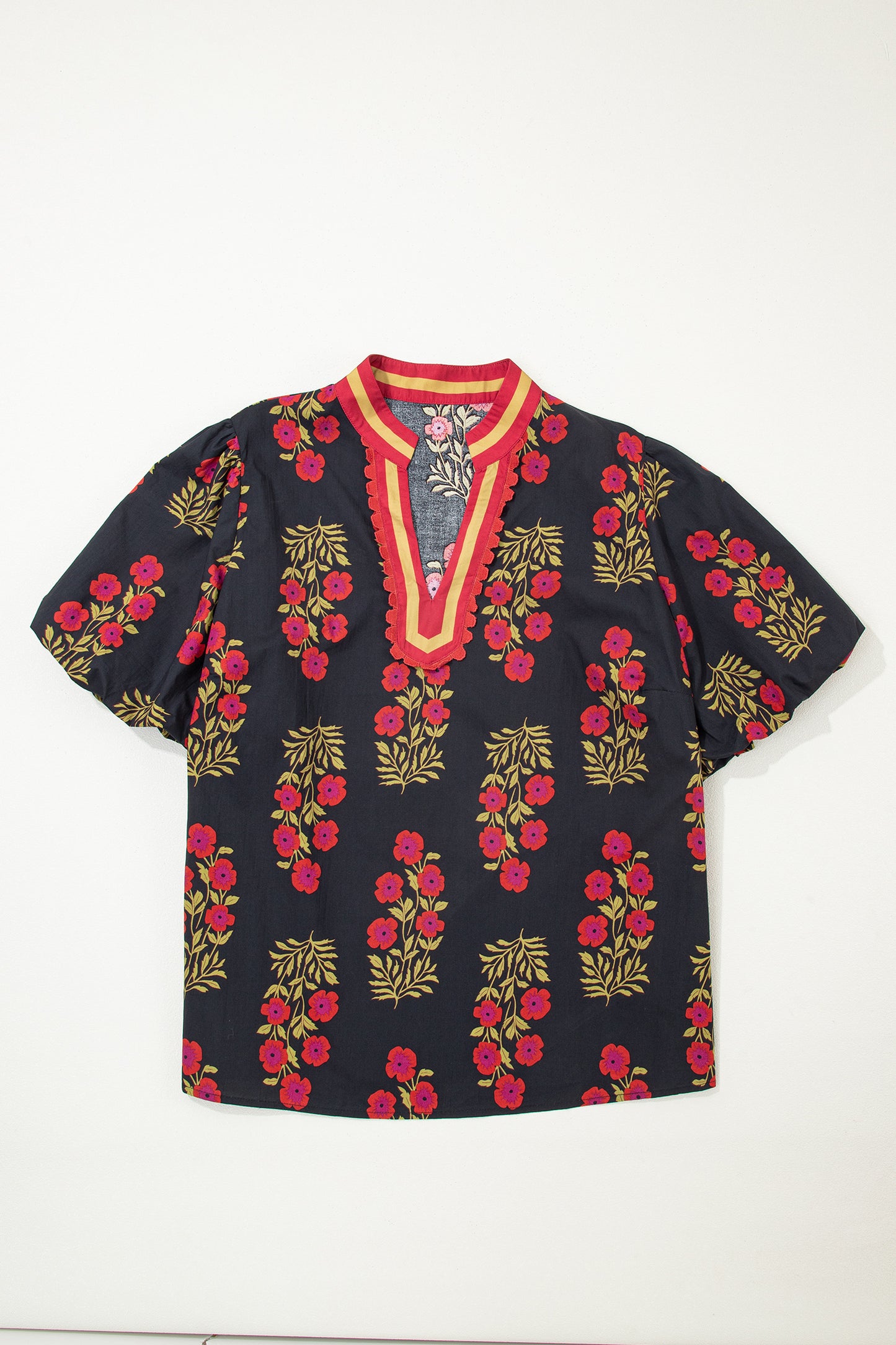 Floral Print Ricrac Trim Blouse