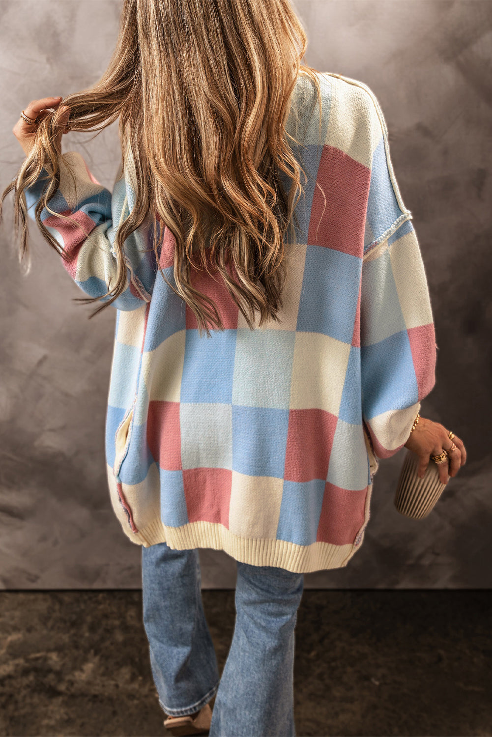 Checkered Drop Shoulder Exposed Seam Cardigan