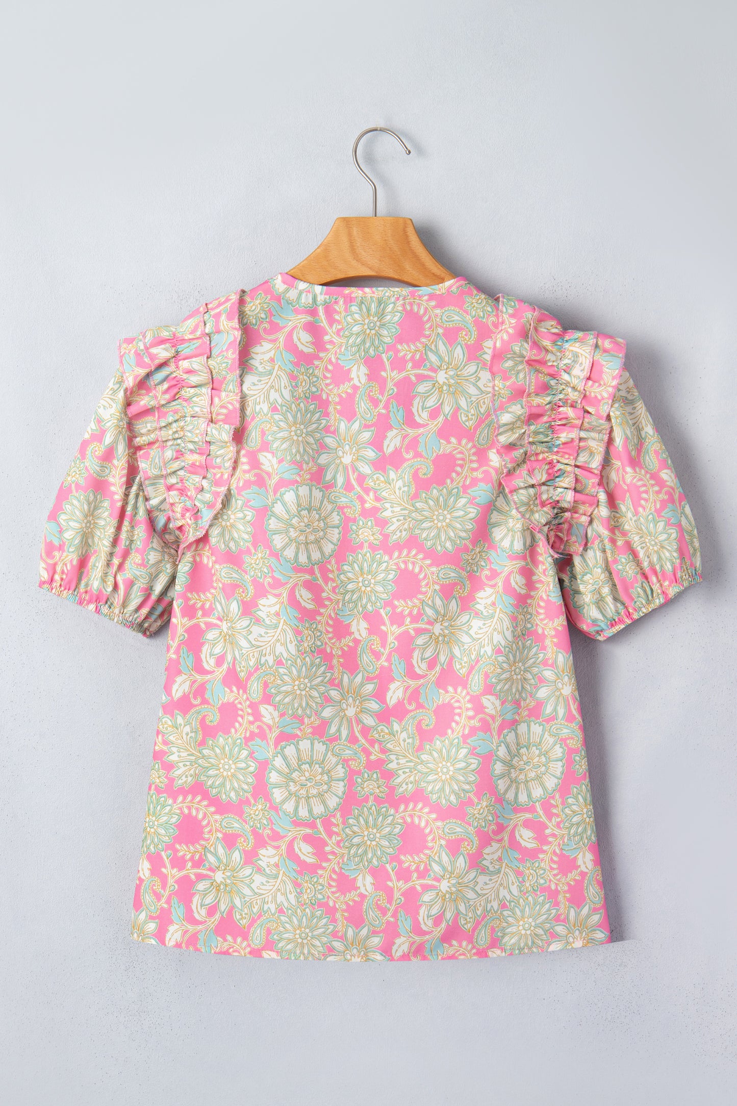Tie V Neck Floral Short Puff Sleeve Blouse