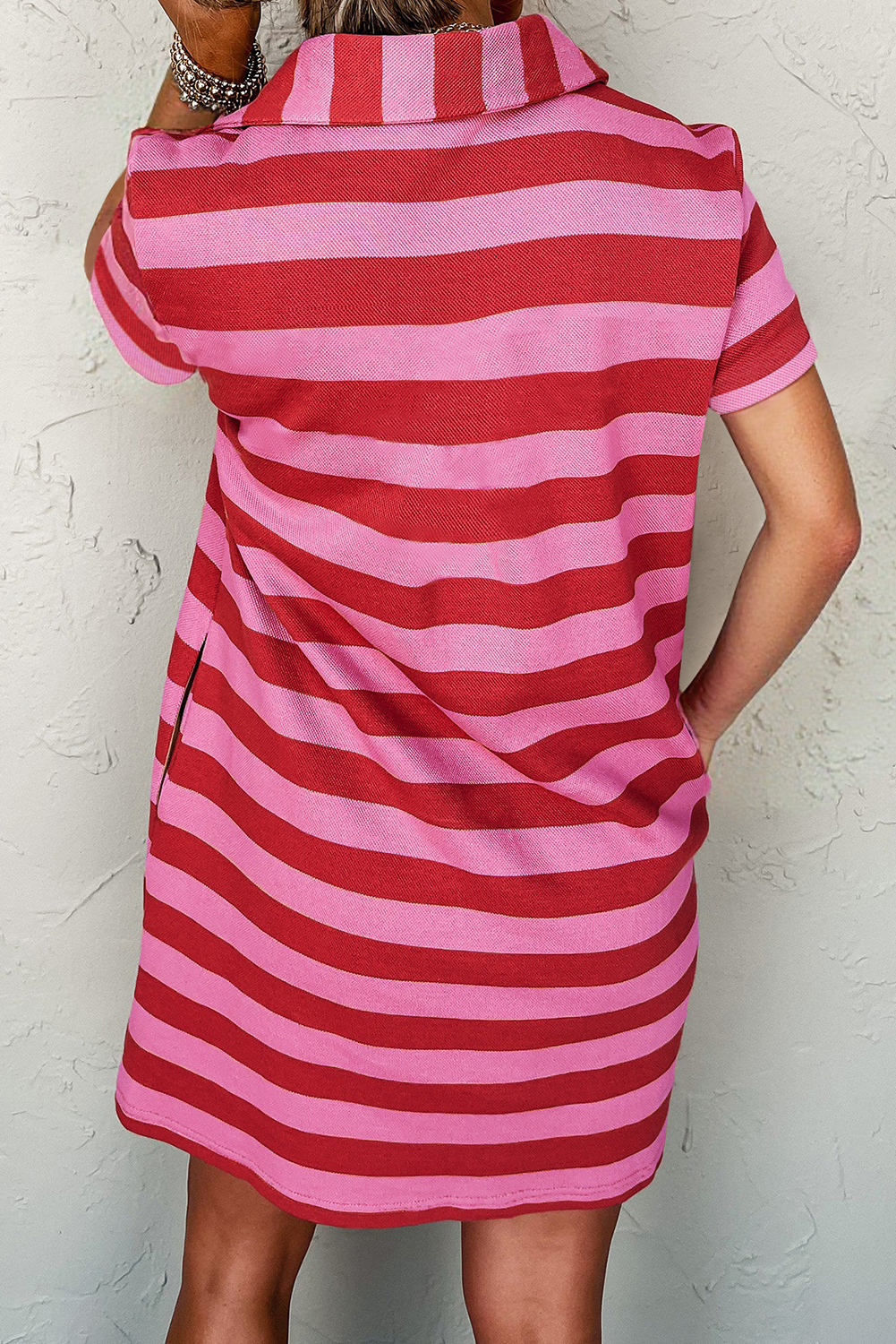 Textured Knit Collared V Neck Shift T Shirt Dress