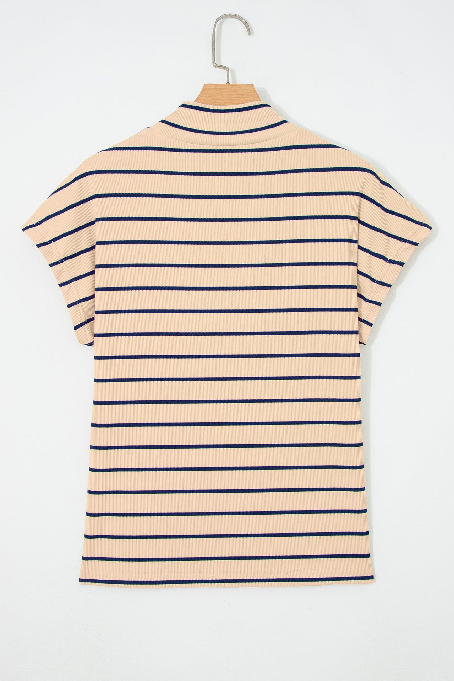 Khaki Stripe Mock Neck Short Sleeve Loose Top