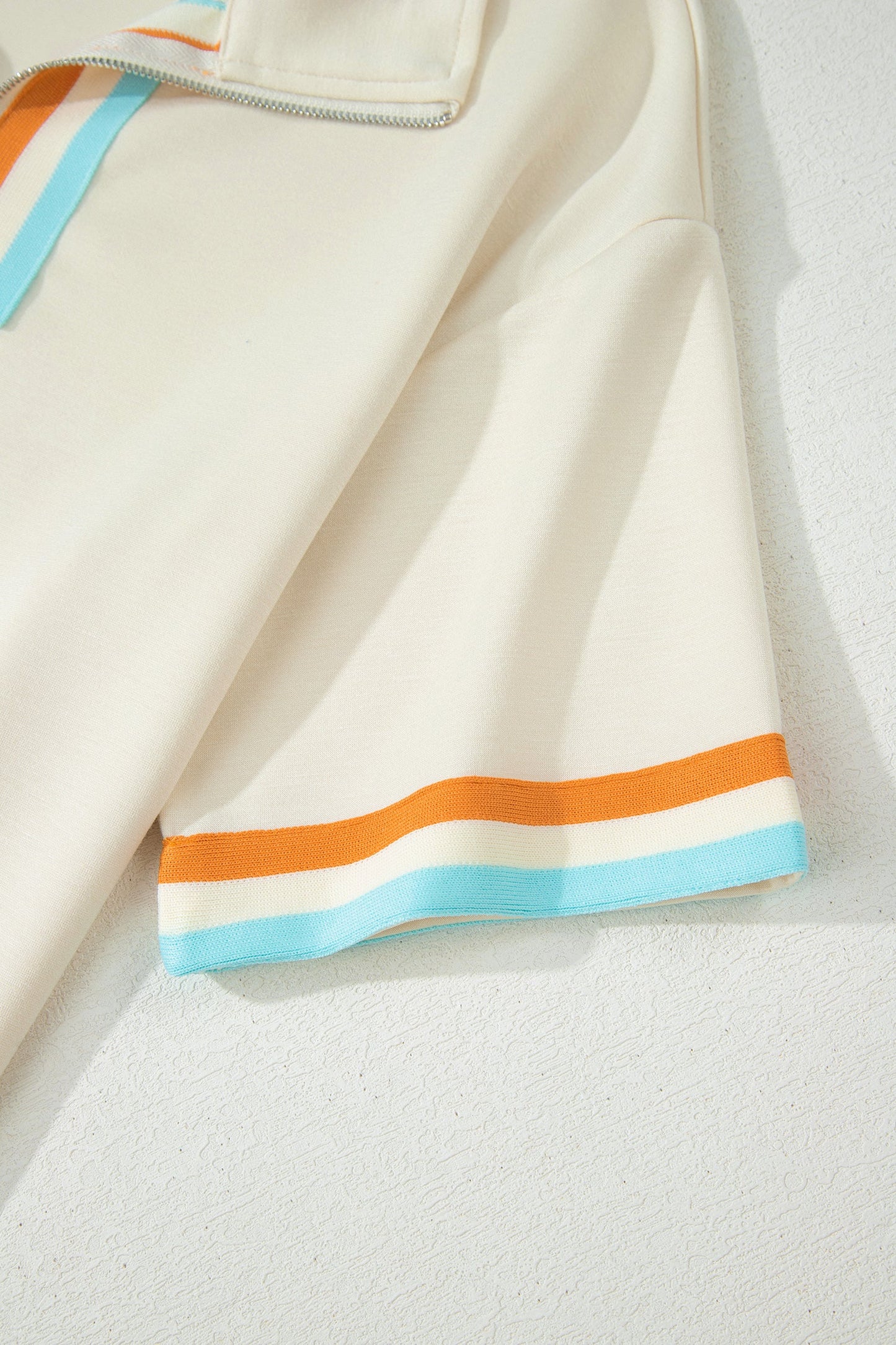 Apricot Colorful Striped Detail Half Zip Polo Tee Loose Shorts Set
