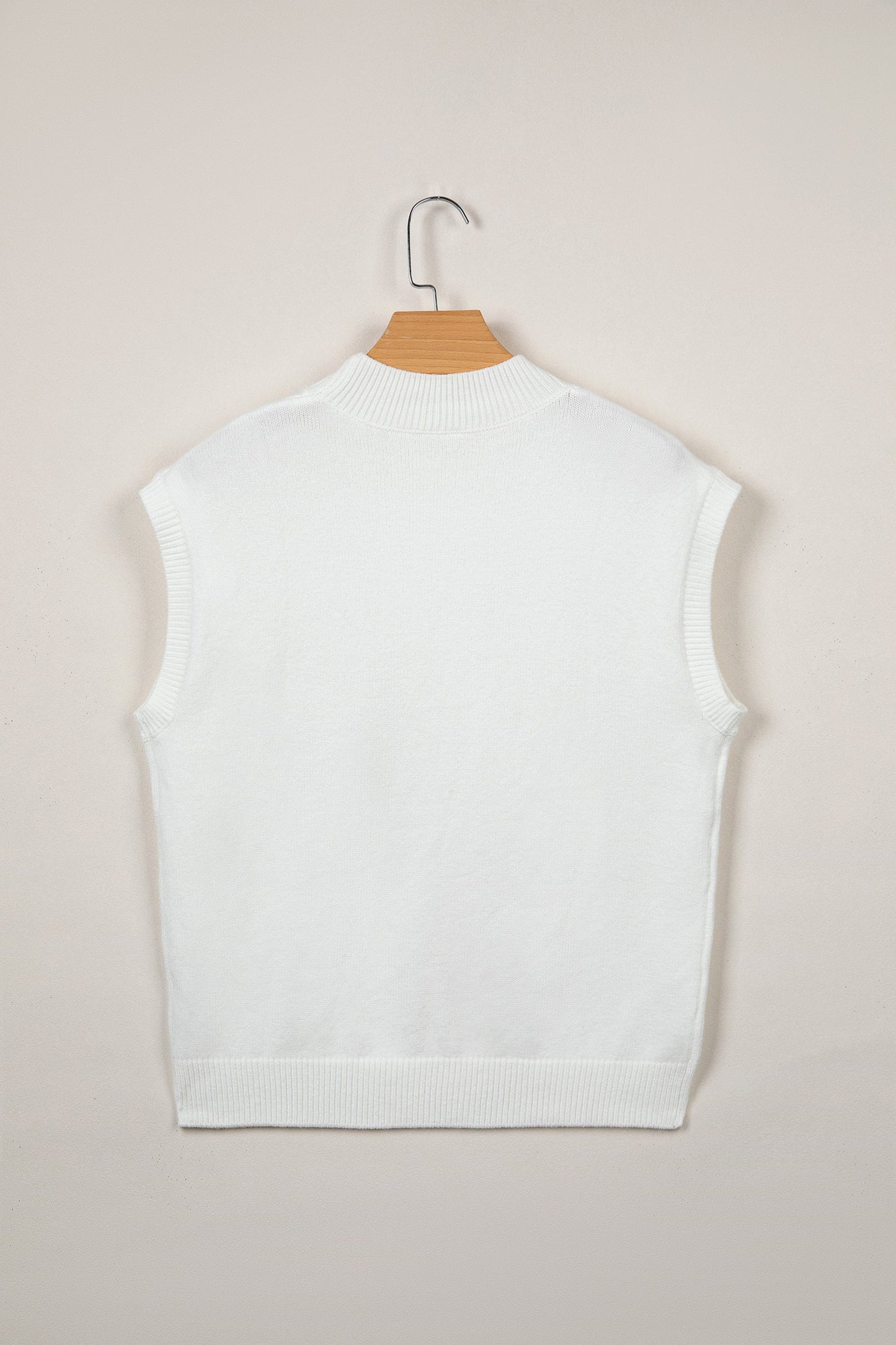 White Corded Horseshoes Ribbed Trim Mock Neck Short Sleeve Sweater