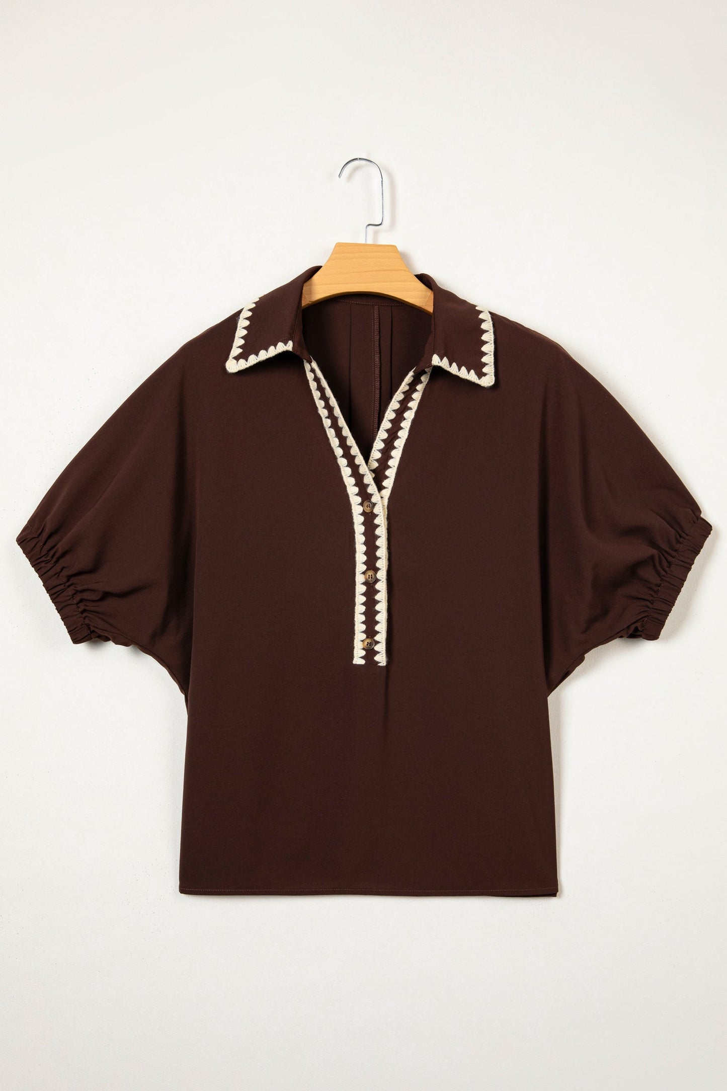 Coffee Shirt Collar Contrast Trim Button V Neck Short Sleeve Blouse