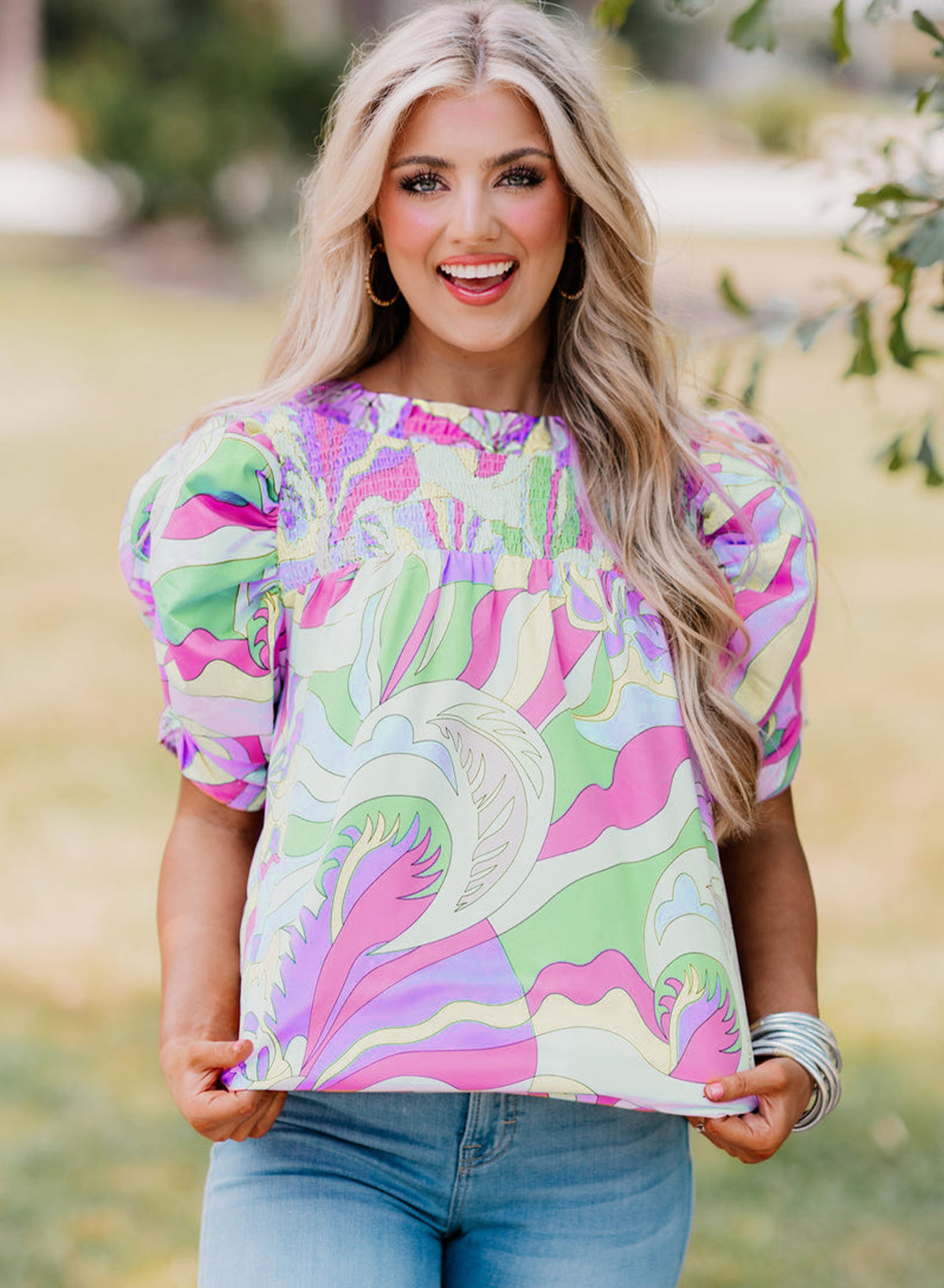 Abstract Print Bubble Sleeve Smock Detail Blouse