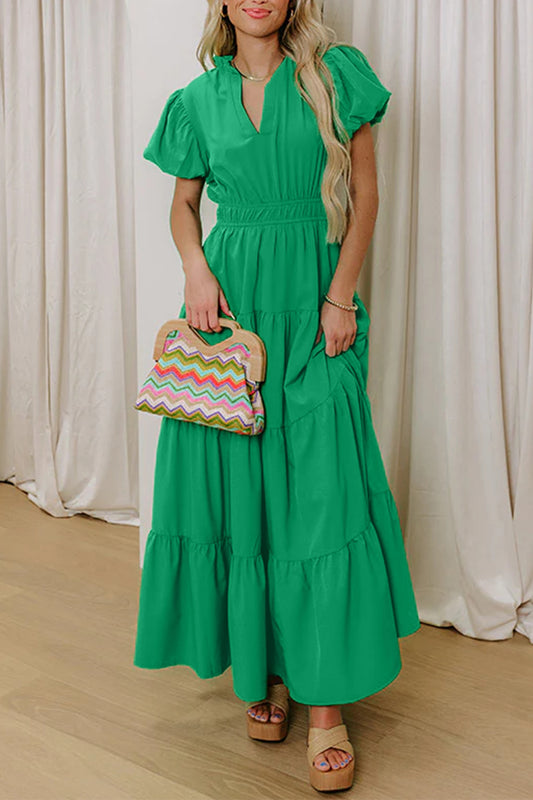 V Neck Short Puff Sleeve High Waist Tiered Maxi Dress