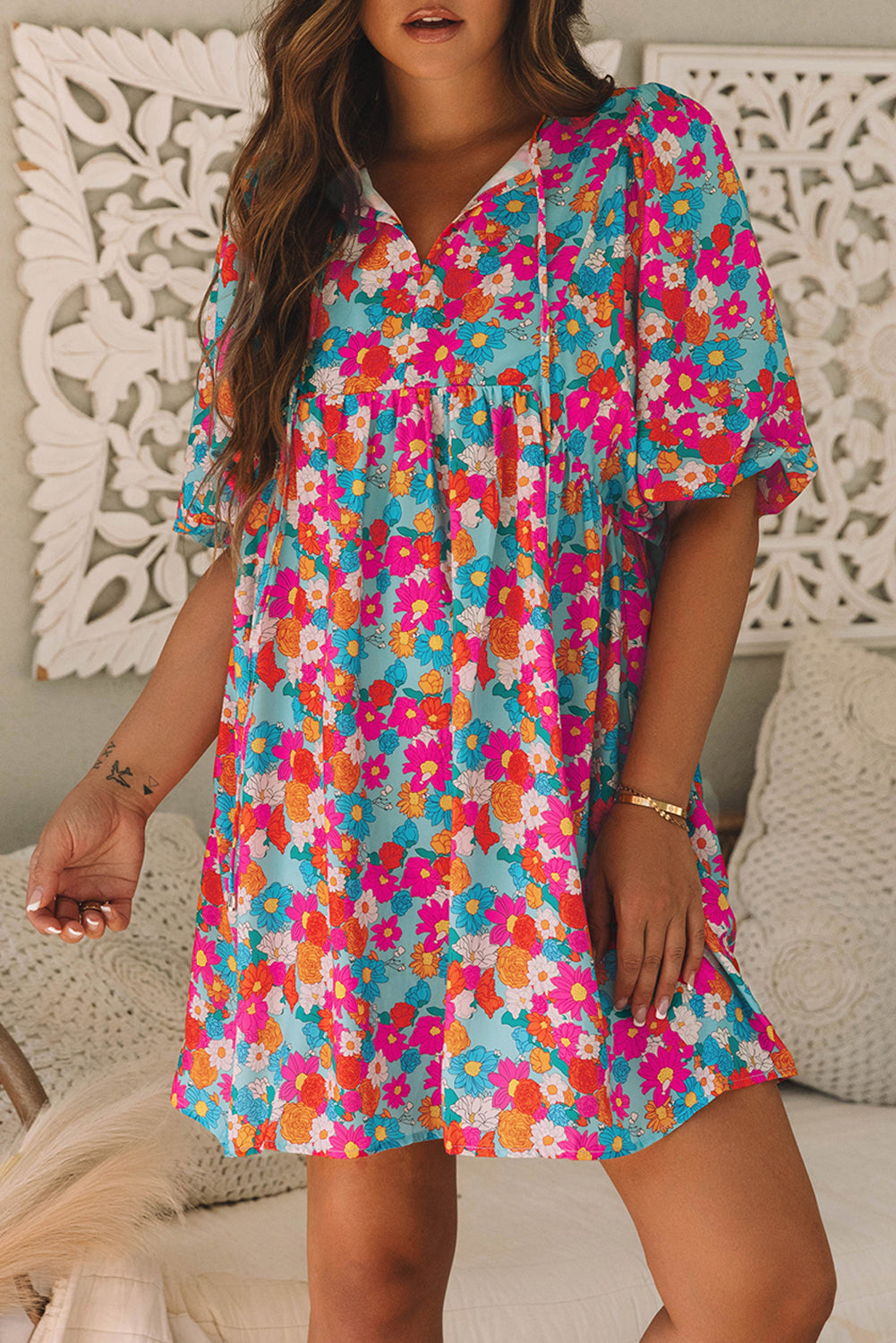 Floral Print Tie Babydoll Dress