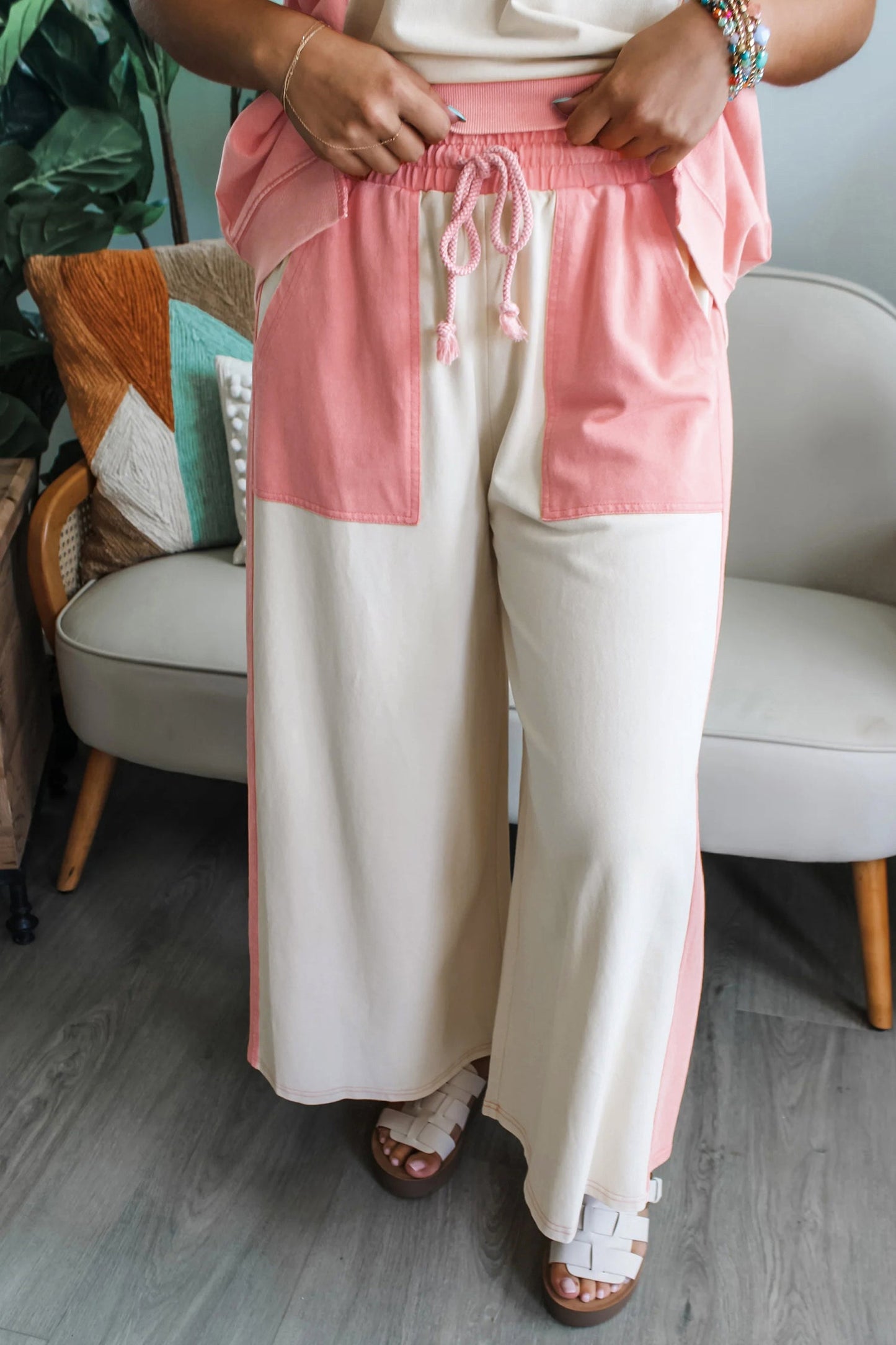 Two-tone Color Block Patchwork Pant Set