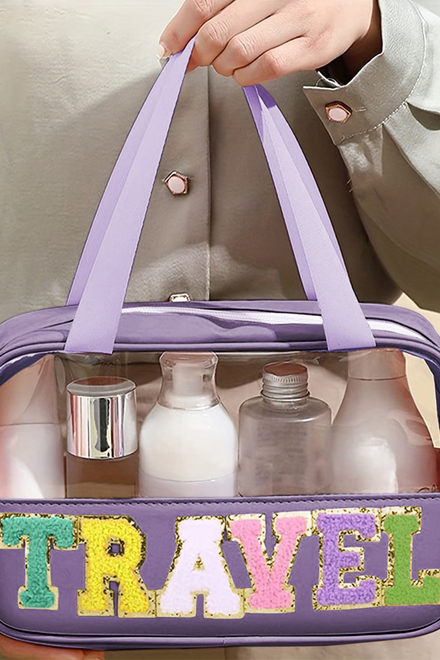TRAVEL Chenille Letter Clear PVC Makeup Bag