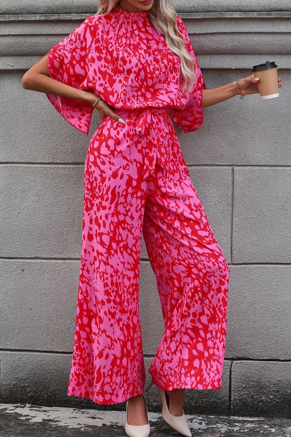 Rose Leopard Belted Wide Leg Jumpsuit