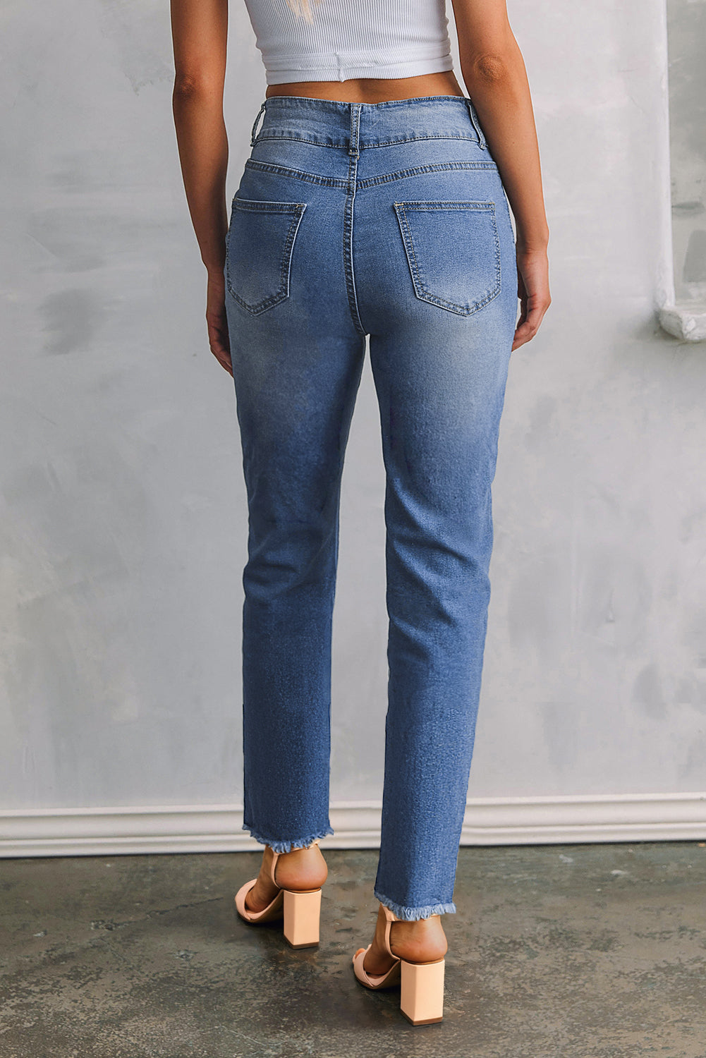 Double Button Raw Hem Slim Fit Jeans