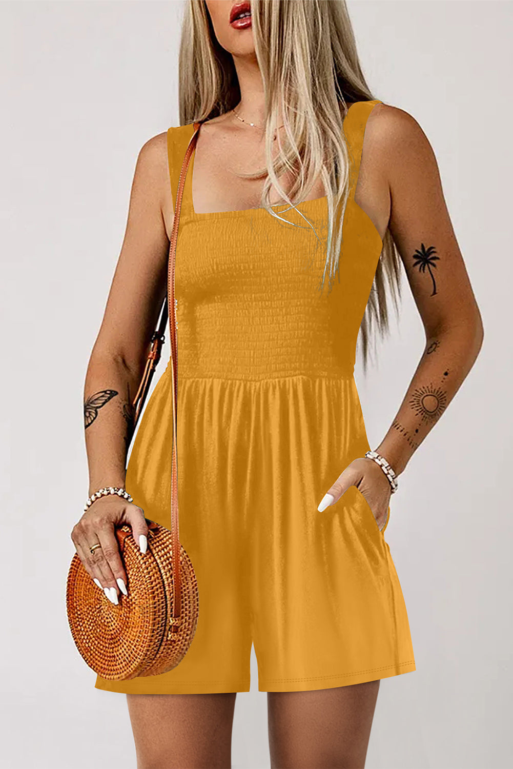 Pocketed Smocked Sleeveless Romper