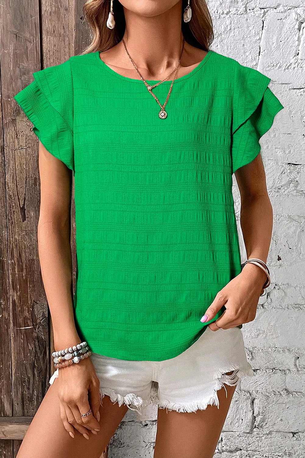 Dark Blue Textured Ruffled Sleeve Round Neck Top