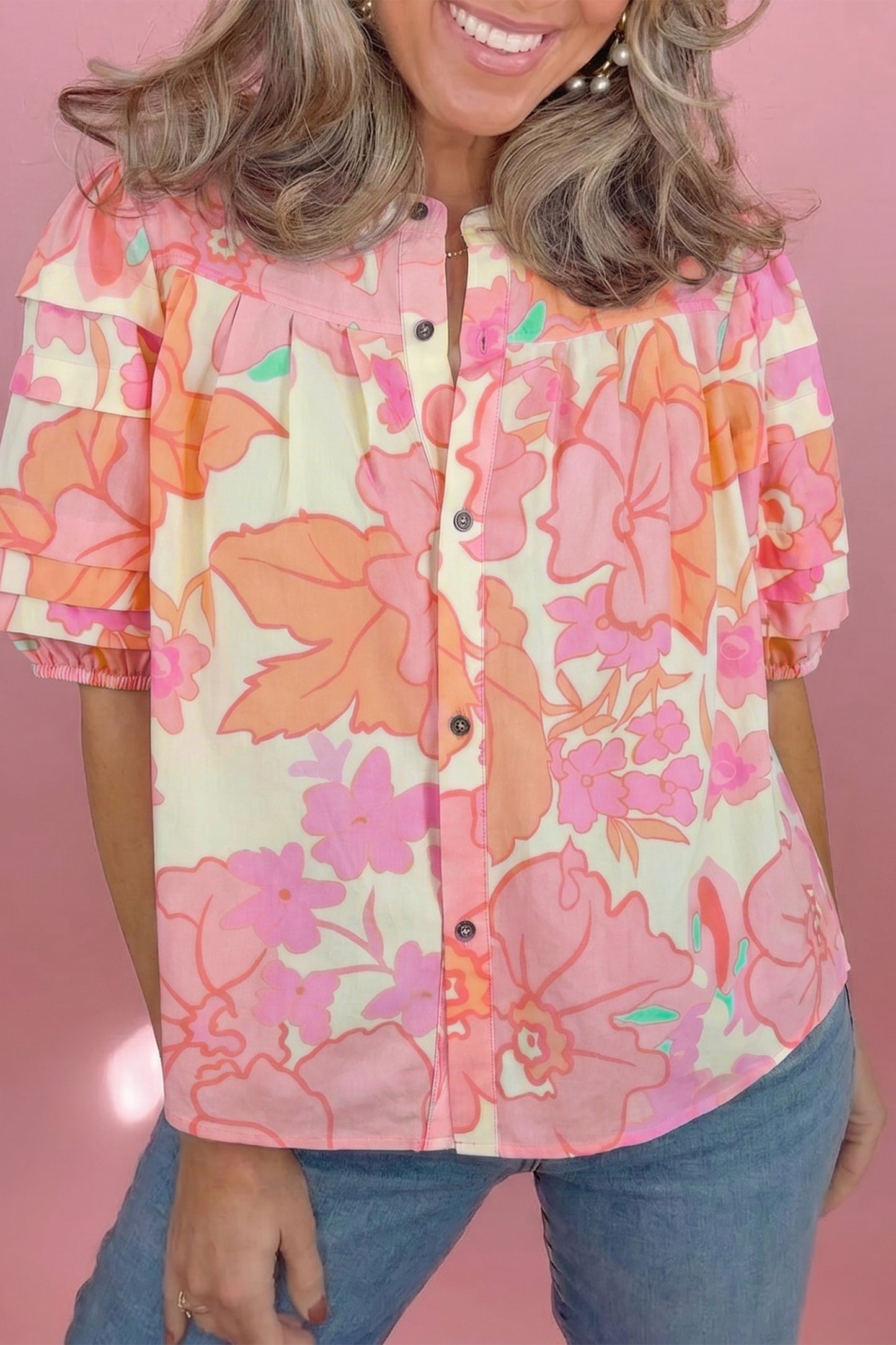Floral Print Button Down Pintuck Short Sleeve Shirt