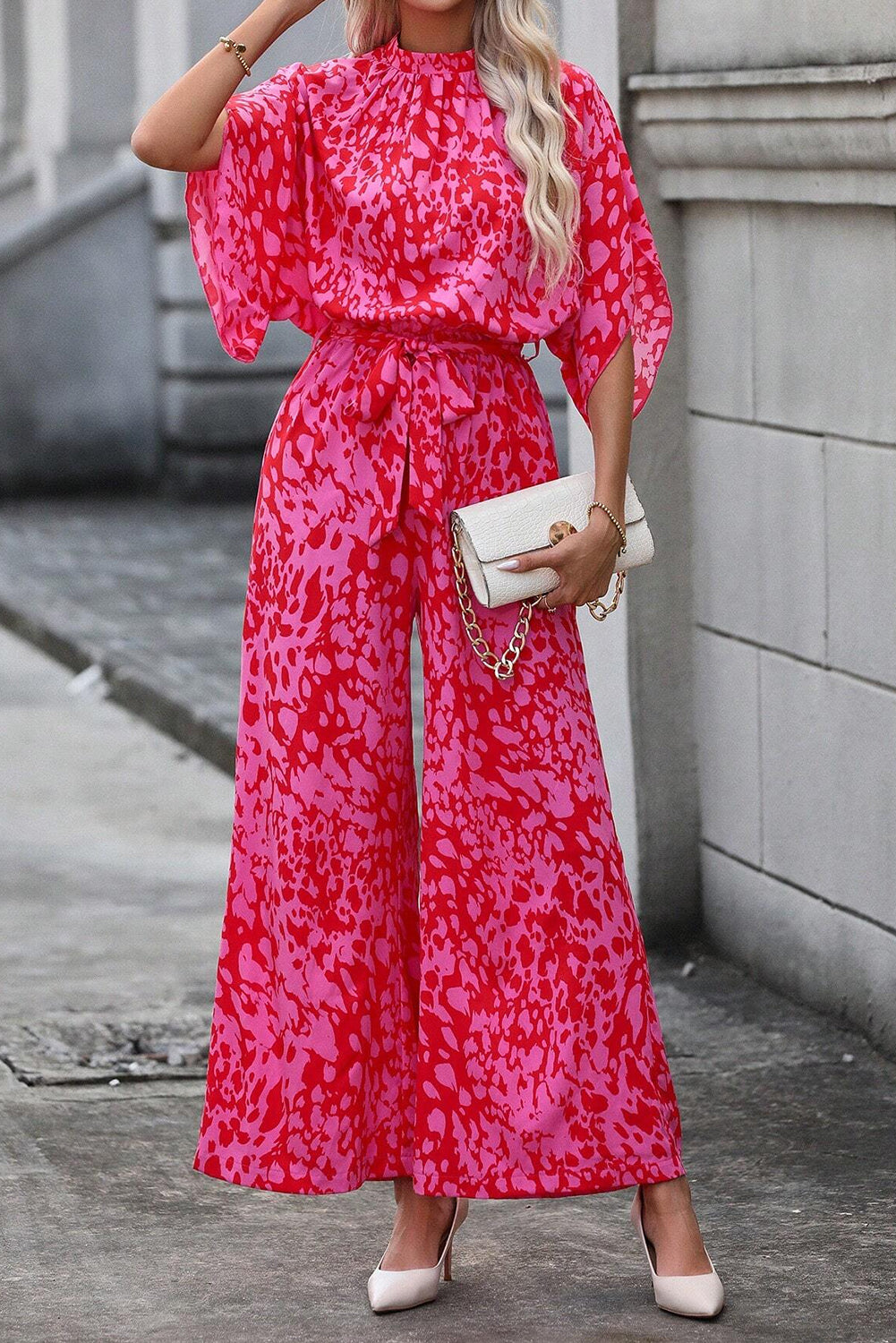 Rose Leopard Belted Wide Leg Jumpsuit