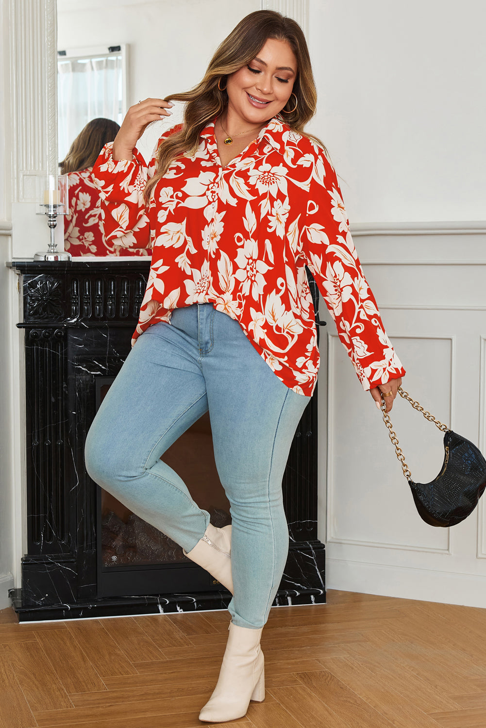 Floral Print Loose Button Up Shirt