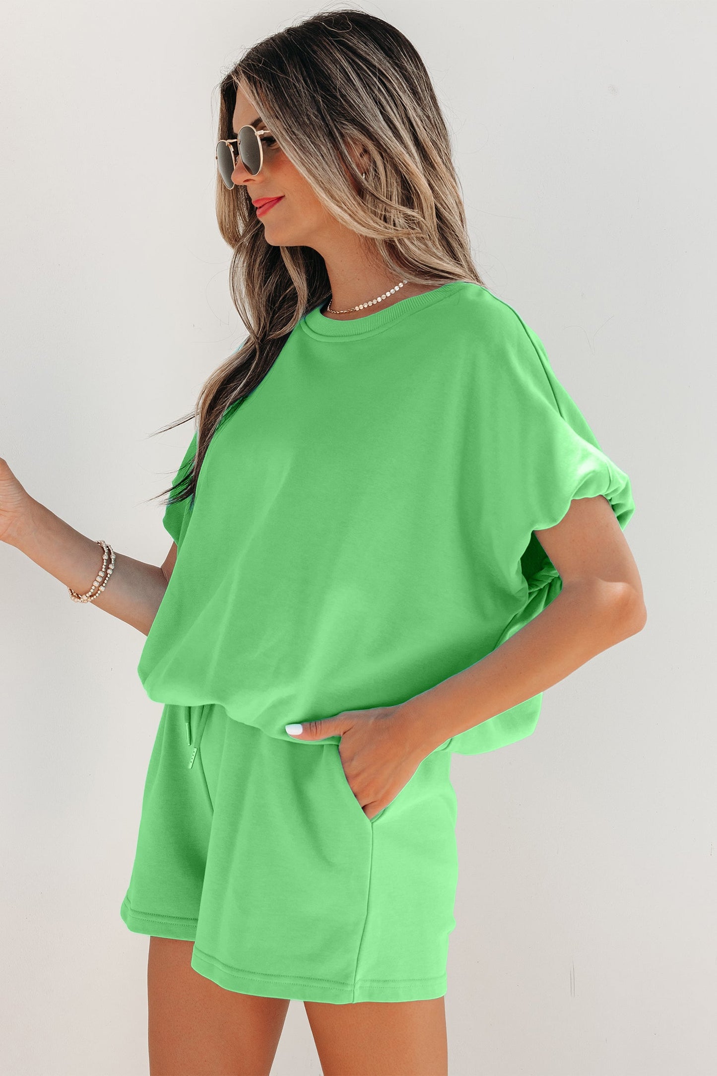 Green Puffy Loose Top and Shorts Set