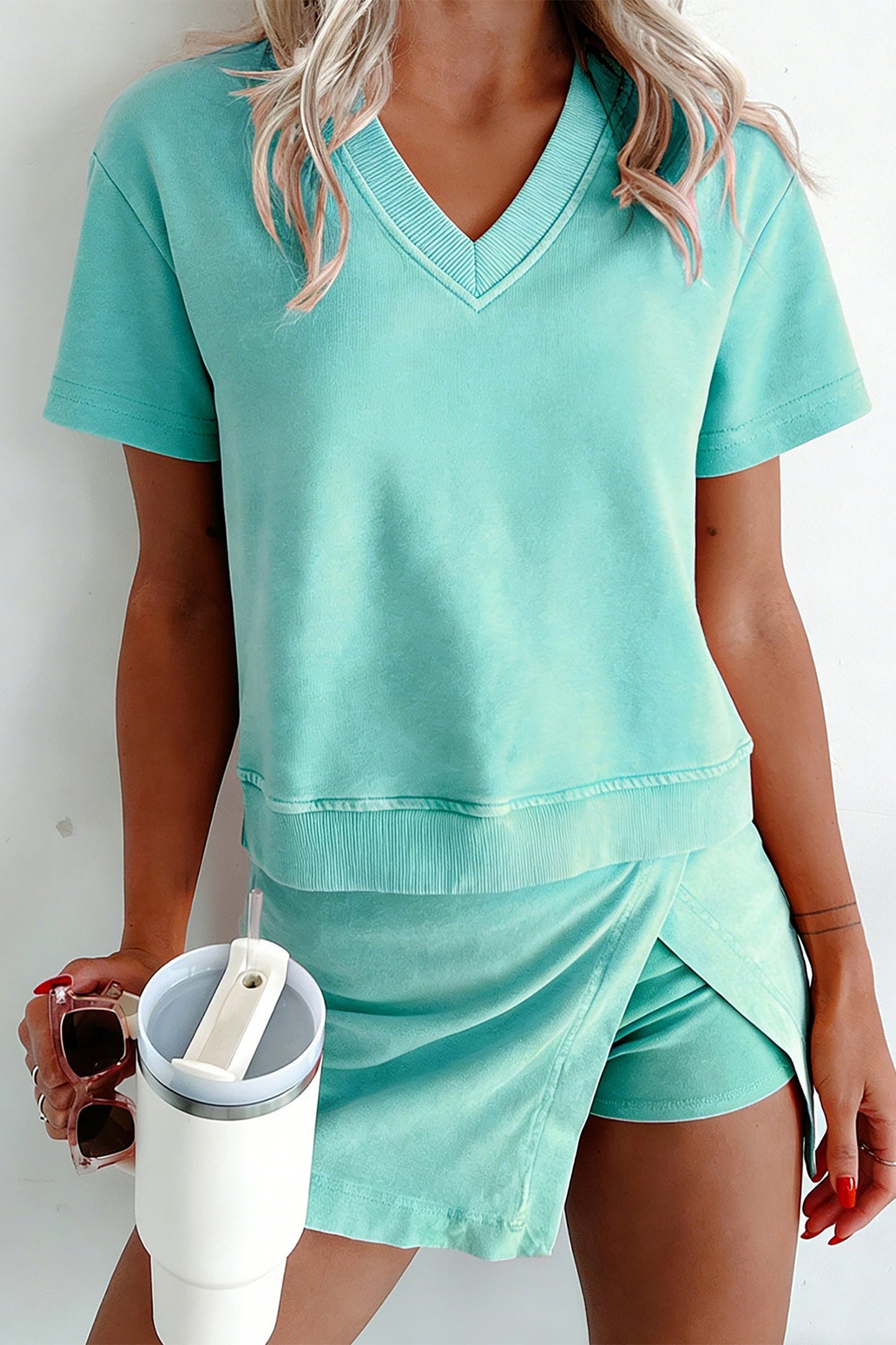 Mineral Wash V Neck Tee Matching Skort Set