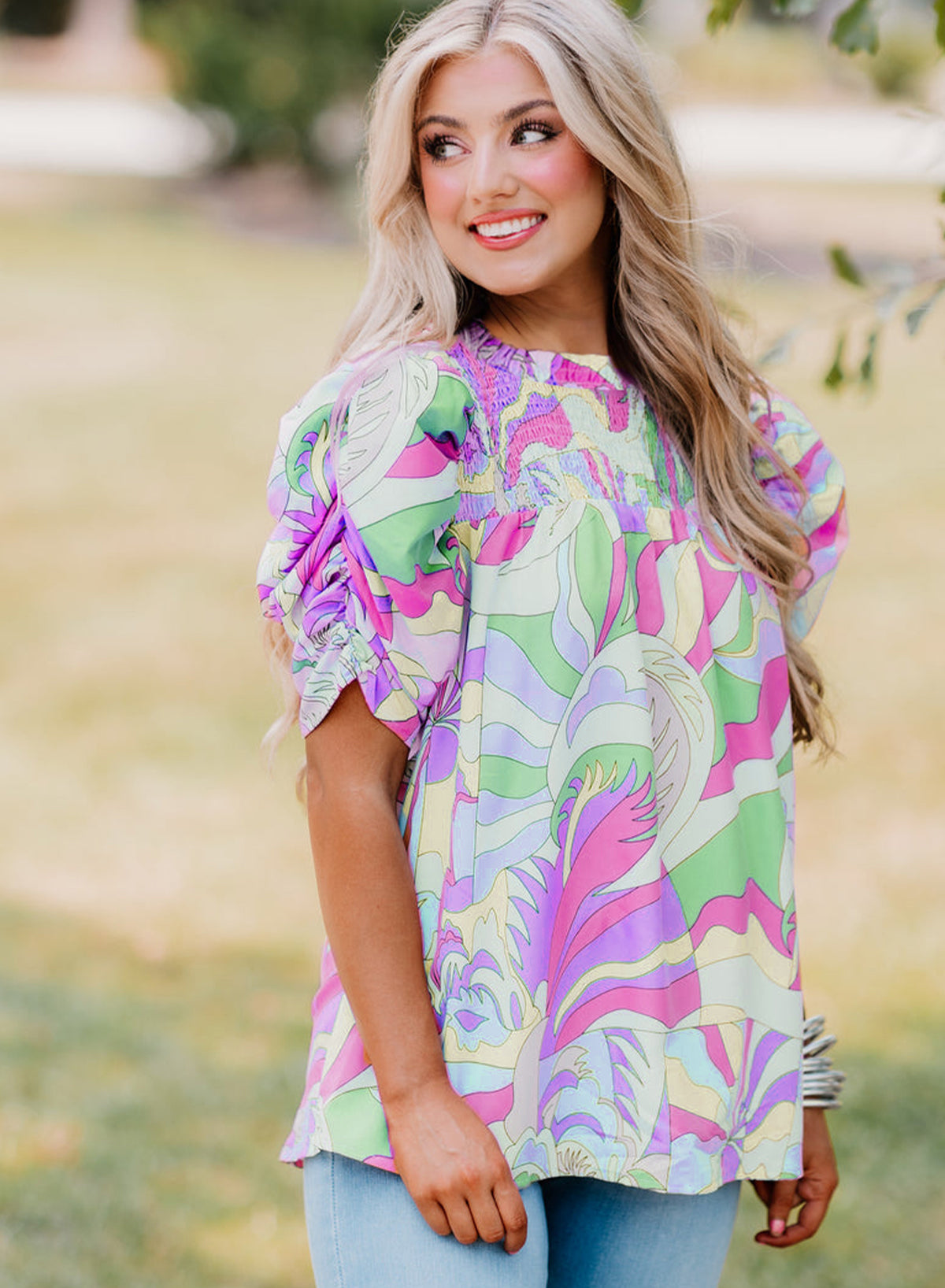 Abstract Print Bubble Sleeve Smock Detail Blouse