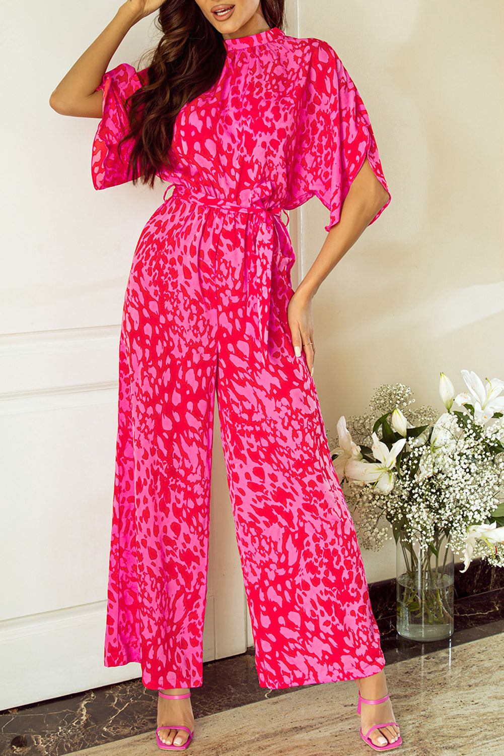Rose Leopard Belted Wide Leg Jumpsuit