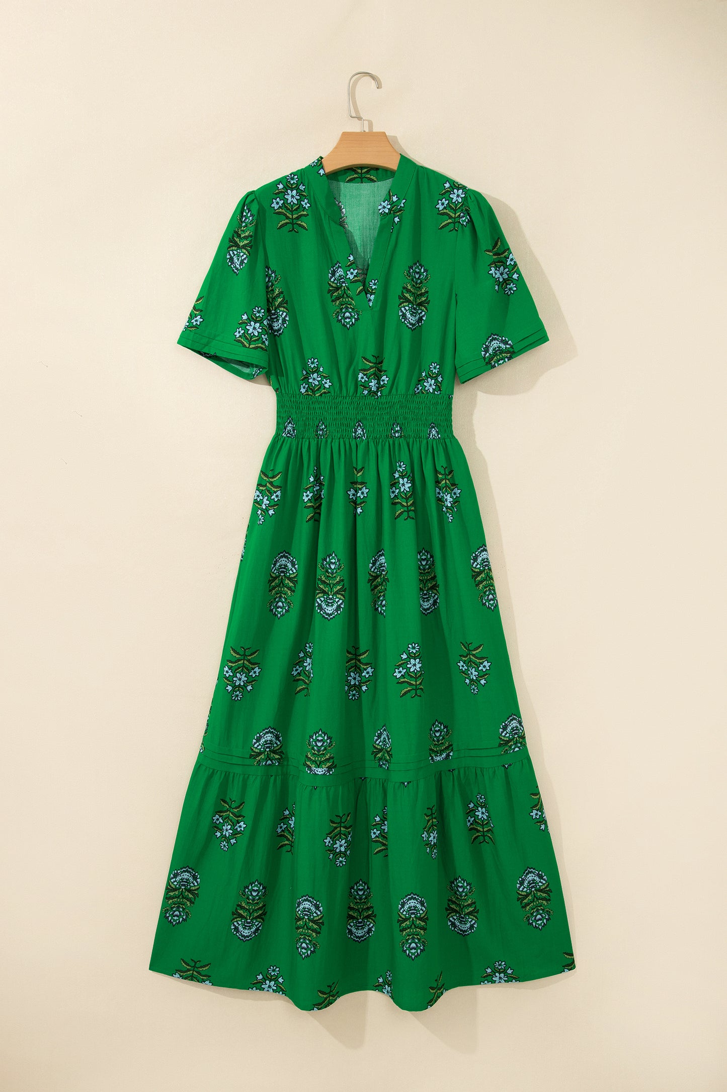 Floral Print Split Neck Shirred High Waist Ruffle Hem Maxi Dress