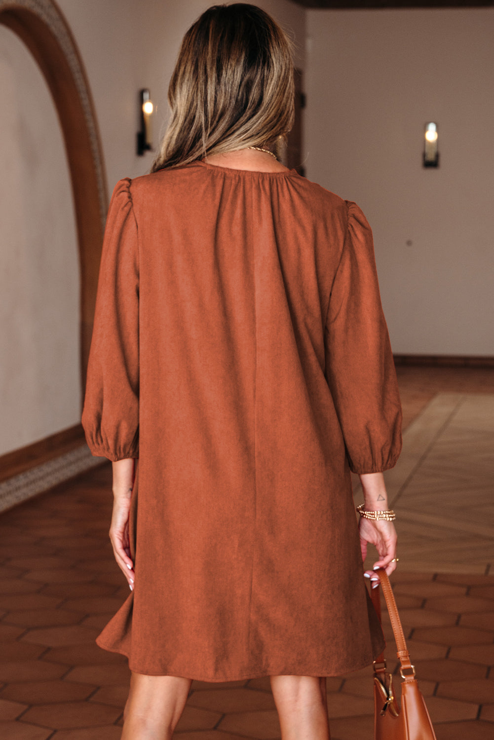 Scallop Detail Pleated Corduroy Mini Dress
