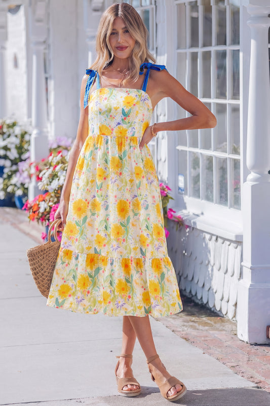 Floral Print Contrast Stitched Knot Denim Straps High Waist Dress