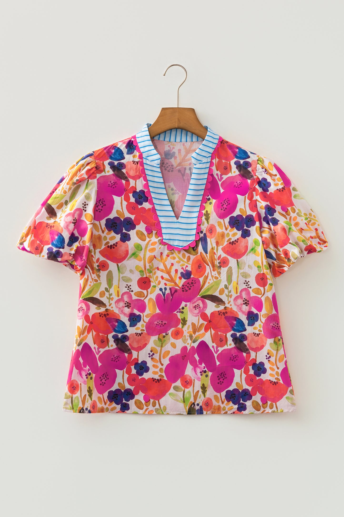Floral Print V Neck Short Puff Sleeve Cotton Blouse
