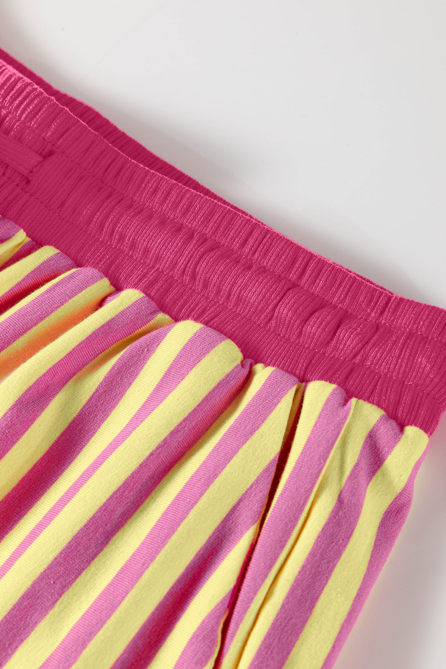Yellow Stripe Colorblock Trim V Neck Tee Drawstring Elastic Waist Short Set